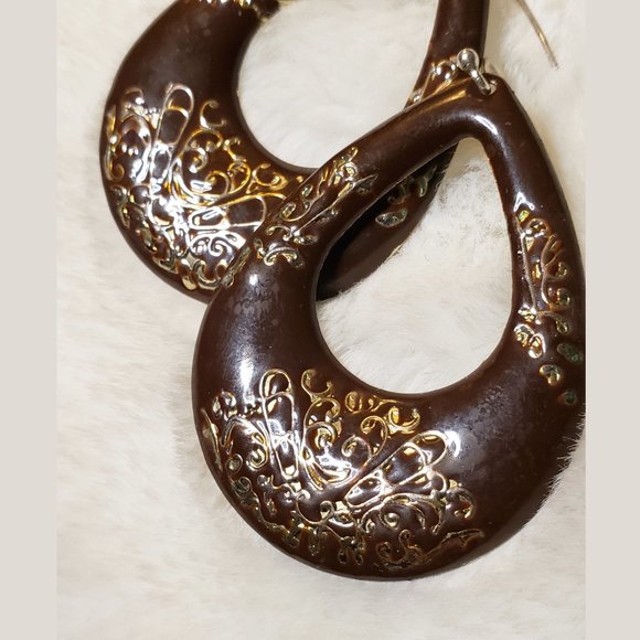 Brown Teardrop Earrings with Gold Swirl Accents - Picture 3 of 4